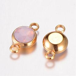Rose Water Opal Glass Links connectors, Faceted, with 304 Stainless Steel Findings, Flat Round, Golden, Rose Water Opal, 17.5x10x6.5mm, Hole: 2.5mm