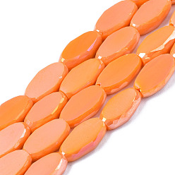 Coral Electroplate Glass Beads Strands, AB Color Plated, Faceted, Rice, Coral, 10x6x3.5mm, Hole: 1.4mm, about 50pcs/strand, 19.69~20.94 inch(50~53.2cm)
