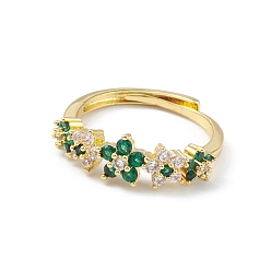 Real 18K Gold Plated Green Cubic Zirconia Flower Adjustable Ring, Brass Jewelry for Women, Lead Free & Cadmium Free, Real 18K Gold Plated, US Size 6(16.5mm)
