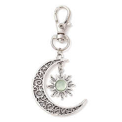 Lime Green Moon & Sun Alloy Pendant Decorations, Cat Eye and Alloy Swivel Lobster Claw Clasps Charm, Antique Silver & Platinum, Lime Green, 73mm