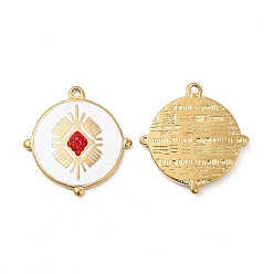 Light Siam Vacuum Plating 201 Stainless Steel Enamel Pendants, with Rhinestones, Real 18K Gold Plated, Flat Round Charm, Light Siam, 24.5x23x2.5mm, Hole: 1.4mm