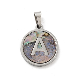 Letter A 304 Stainless Steel with Paua Shell Pendants, Stainless Steel Color, Flat Round with Letter Charm, Letter.A, 18x16x1.5mm, Hole: 3x6mm