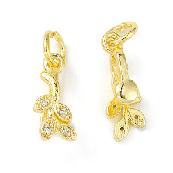 Real 18K Gold Plated Rack Plating Brass Pave Cubic Zirconia Leaf Shape Ice Pick Pinch Bails, with Open Jump Rings, Cadmium Free & Lead Free, Long-Lasting Plated, Real 18K Gold Plated, 16.5x5.5x7mm, Hole: 4mm, Pin: 0.8mm