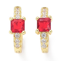 Red Brass Inlaid Cubic Zirconia Hoop Earrings, Real 18K Gold Plated, Square, Cadmium Free & Lead Free, Red, 15x13x5mm, Pin: 1mm