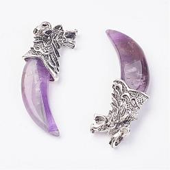 Amethyst Natural Amethyst Big Pendants, with Alloy Findings, Tusk Shape, Antique Silver, 58x19x9mm, Hole: 4x5mm