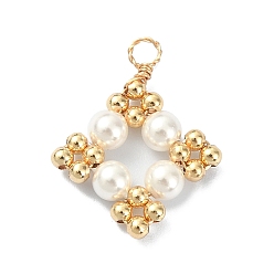 Golden Shell Pearl Pendants with Brass Round Beads, Rhombus Charms, Golden, 22x17x4mm, Hole: 3mm