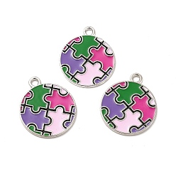 Colorful Alloy Enamel Pendants, Flat Round with Autism Puzzle Pattern Charm, Platinum, Colorful, 23x20x1mm, Hole: 2mm