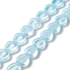 Bleu Ciel Clair Transparent perles de verre brin, cœur, lumière bleu ciel, 9.5~10x10x3.5~4.5mm, Trou: 0.8~1mm, Environ 35 pcs/chapelet, 13.15~13.31 pouce (33.4~33.8 cm)