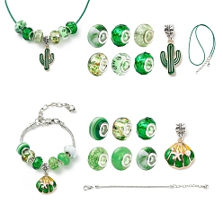 Green DIY European Bracelet Necklace Making Kit for Kid, Including Brass Chain Bracelet & Wax Rope Necklace Making, Large Hole Style Alloy Pendant & Resin Beads, Green, Pendant: 31.5~37mm, Hole: 5mm, 16Pcs/set