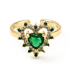 Verde Anillo de puño abierto con corazón de circonita cúbica, joyas de latón chapado en oro real 18k para mujer, sin plomo y cadmio, verde, tamaño de EE. UU. 6 (16.5 mm)