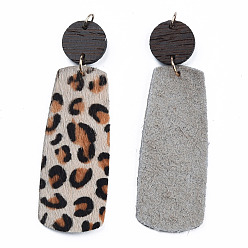 Dark Goldenrod Eco-Friendly Cowhide Leather Big Pendants, with Dyed Wood and 304 Stainless Steel Jump Rings, Rectangle with Leopard Print, Dark Goldenrod, 75mm