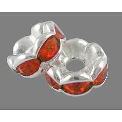 Jacinthe Séparateurs perles en verre avec strass en laiton, grade de aaa, bord ondulé, sans nickel, de couleur métal argent, rondelle, jacinthe, 7x3.2mm, Trou: 1.2mm