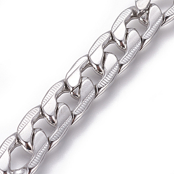 Stainless Steel Color 201 Stainless Steel Cuban Link Chains, Chunky Curb Chains, Twisted Chains, Unwelded, Textured, Stainless Steel Color, 9.5mm, Links: 14x9.5x2.5mm