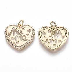 Real 18K Gold Plated Brass Micro Pave Clear Cubic Zirconia Pendants, for Mother's Day, Heart with Word MaMa, Nickel Free, Real 18K Gold Plated, 19x20x3mm, Hole: 3mm