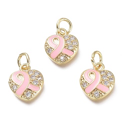Pearl Pink Brass Micro Pave Clear Cubic Zirconia Pendants, with Jump Rings, Heart, Real 18K Gold Plated, Pearl Pink, 11.5x10x2.5mm, Hole: 3.5mm