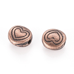 Red Copper Tibetan Style Alloy Beads, Flat Round with Heart, Red Copper, Lead Free & Cadmium Free, 6x6x3mm, Hole: 1.5mm