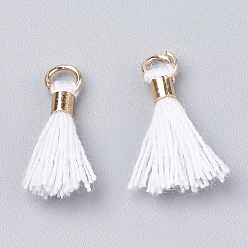 White Polycotton(Polyester Cotton) Tassel Pendant Decorations, Mini Tassel, with Brass Findings, Light Gold, White, 10~15x3~4mm, Hole: 2mm