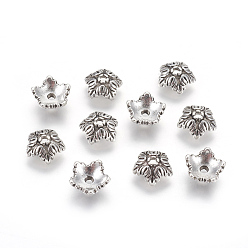 Antique Silver Tibetan Style Bead Caps, Cadmium Free & Lead Free, 5-Petal, Flower, Antique Silver, 10x4mm, Hole: 1mm