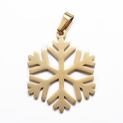 Golden Ion Plating(IP) 304 Stainless Steel Pendants, Christmas, Snowflake, Golden, 33.5x27x1.5mm, Hole: 3x5mm