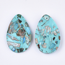 Cyan Assembled Synthetic Imperial Jasper and Turquoise Pendants, Dyed, teardrop, Cyan, 48x30~30.5x7mm, Hole: 1.4mm