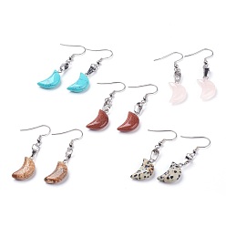 Mixed Stone Natural & Synthetic Mixed Gemstone Dangle Earrings, Crescent Moon Earrings, with 304 Stainless Steel Earring Hooks, 51mm, Pin: 0.6mm