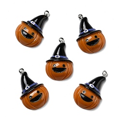 Dark Orange Halloween Opaque Resin Pendants, with Platinum Tone Iron Loops, Pumpkin with Witch Hat, Dark Orange, 32x21x7.5mm, Hole: 2mm