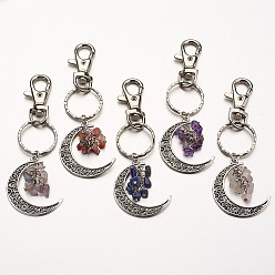 Mixed Stone Natural Gemstone Pendant Keychain, with Alloy Pendants, Iron Rings and Alloy Keychain Findings, Moon, Mixed Color, 100mm