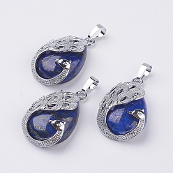 Lapis Lazuli Naturelles lapis-lazuli pendentifs, avec accessoires en laiton, larme avec paon, platine, 33x20x10.5mm, Trou: 5x6.5mm