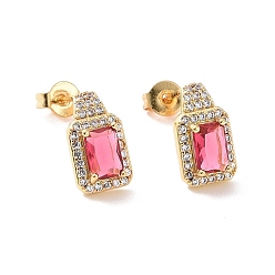Crimson Cubic Zirconia Rectangle Stud Earrings, Real 18K Gold Plated Brass Jewelry for Women, Cadmium Free & Nickel Free & Lead Free, Crimson, 16x7x4mm, Pin: 0.6mm