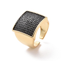 Black Cubic Zirconia Rectangle Open Cuff Ring, Real 18K Gold Plated Brass Wide Ring for Women, Cadmium Free & Nickel Free & Lead Free, Black, US Size 6 1/2(16.9mm)