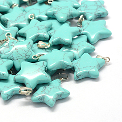 Synthetic Turquoise Star Dyed Synthetic Turquoise Pendants, with Platinum Tone Brass Findings, 22~23x20~24x5~7mm, Hole: 2x7mm