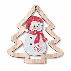 Colorful Printed Wood Big Pendants, Christmas Tree with Snowman, Colorful, 79.5x74x2.5mm, Hole: 2.5mm