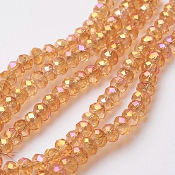 Coral Electroplate Glass Beads Strands, Full Rainbow Plated, Faceted, Rondelle, Coral, 4~4.5x3mm, Hole: 0.5mm, about 130~135pcs/strand, 15.5~16 inch(39~40cm)