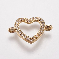 Golden Brass Micro Pave Cubic Zirconia Links, Heart, Clear, Golden, 10.5x16x2mm, Hole: 1.5mm