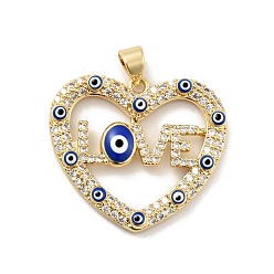 Medium Blue Rack Plating Brass Micro Pave Clear Cubic Zirconia Pendants, with Enamel, Cadmium Free & Lead Free, Heart with Evil Eye & Word Love, Real 18K Gold Plated, Medium Blue, 24.5x27x3.8mm, Hole: 3.3x3.7mm