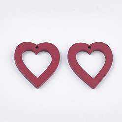 Crimson Painted Poplar Wood Pendants, Heart, Crimson, 25x23x3mm, Hole: 1.5mm