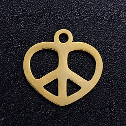Oro 201 encantos de acero inoxidable, corazón con signo de la paz, dorado, 11.5x12x1 mm, agujero: 1.5 mm