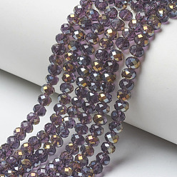 Dark Violet Electroplate Transparent Glass Beads Strands, Half Rainbow Plated, Faceted, Rondelle, Dark Violet, 4x3mm, Hole: 0.4mm, about 123~127pcs/strand, 16.5~16.9 inch(42~43cm)