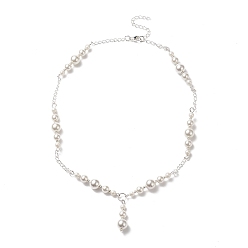 Blanco Antiguo Collar de lazo con cuentas de perlas de concha, color acero inoxidable 304 joyas de acero inoxidable para mujer, blanco antiguo, 17.32 pulgada (44 cm)