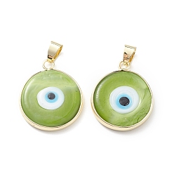 Yellow Green Handmade Evil Eye Lampwork Pendants, with Rack Plating Light Gold Tone Brass Findings, Long-Lasting Plated, Lead Free & Cadmium Free, Flat Round, Yellow Green, 24~25.5x20.5~21x4~4.5mm, Hole: 6x4~4.5mm
