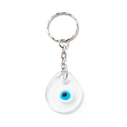 Clear Teardrop Handmade Lampwork Evil Eye Pendants Keychain, with Iron Findings, Clear, 8.5cm