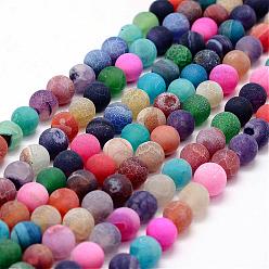 Mixed Color Frosted Natural Agate Beads Strands, Round, Dyed & Heated, Mixed Color, 8mm, Hole: 1mm, about 48pcs/strand, 14.5 inch