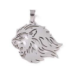 Stainless Steel Color Hollow 201 Stainless Steel Pendants, Lion Charms, Stainless Steel Color, 30x34x2mm, Hole: 4x6mm