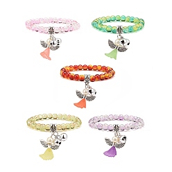 Mixed Color Glass Beads Stretch Bracelets, with Acrylic, Alloy Wings, Brass Bell Charms, Lovely Wedding Dress Angel Dangle, Mixed Color, 1-5/8 inch(42mm)