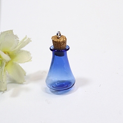 Blue Empty Small Glass Cork Vase Pendants, Wishing Bottle Charms with Platinum Plated Iron Loops, Blue, 16x27mm