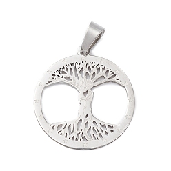 Stainless Steel Color 304 Stainless Steel Pendants, Laser Cut, Flat Round with Tree of Life Charm, Stainless Steel Color, 27.5x25x1mm, Hole: 7x4.5mm