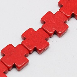 Red Synthetic Turquoise Beads Strands, Dyed, Greek Cross, Red, 35x35x6mm, Hole: 1mm, about 80pcs/1000g