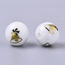 Plaqué Or Perles de verre opaque de Noël, rond avec motif de cloche de noël galvanoplastie, plaqué or, 10mm, Trou: 1.2mm