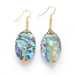 Golden Abalone Shell/Paua Shell Dangle Earrings, with Brass Earring Hooks, Oval with Tree, Golden, 55.5~57.5mm, Pin: 0.6mm