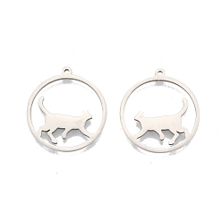Stainless Steel Color 201 Stainless Steel Pendants, Ring with Cat, Stainless Steel Color, 27x25x1.5mm, Hole: 1.4mm